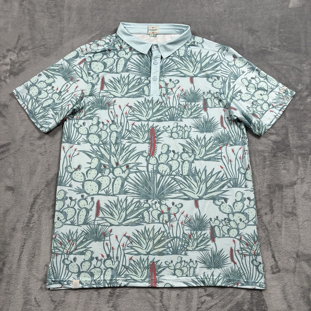 Sendero Provisions Co Polo Shirt Mens Large Cactus Print Light Blue Western Golf